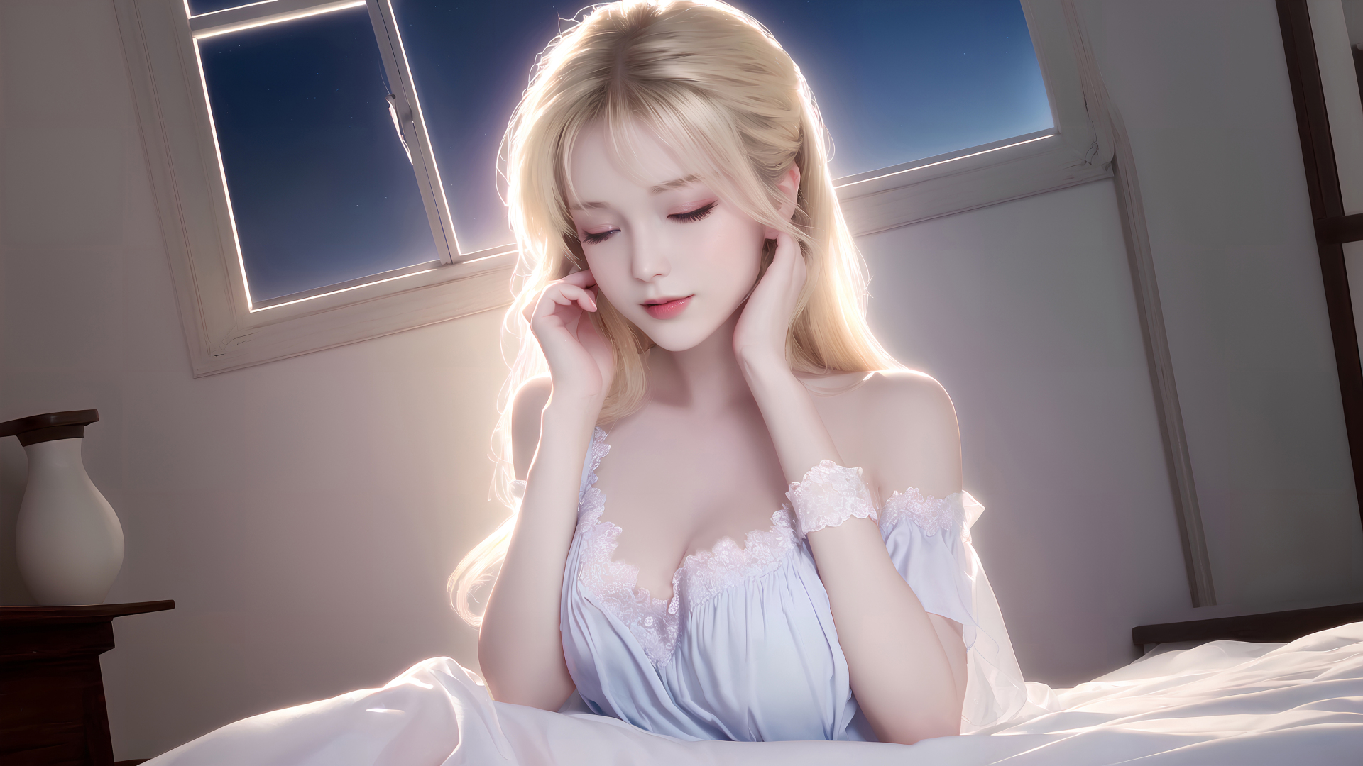 暖光勾勒发丝的金发蕾丝睡裙少女，身处窗边卧室