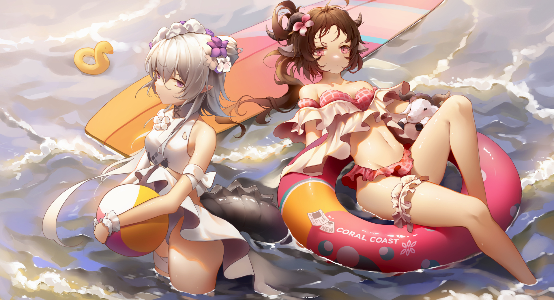 二次元浅滩海景插画，两名穿泳装的少女在清浅海水中放松休憩。