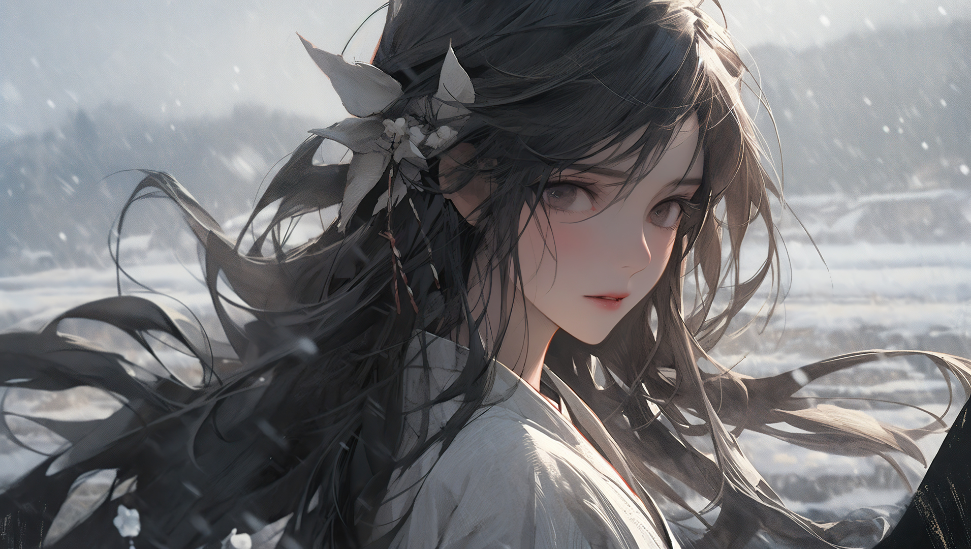 黑发少女头戴白色花饰身着白上衣，于飘雪旷野中回眸，长发被风扬起。
