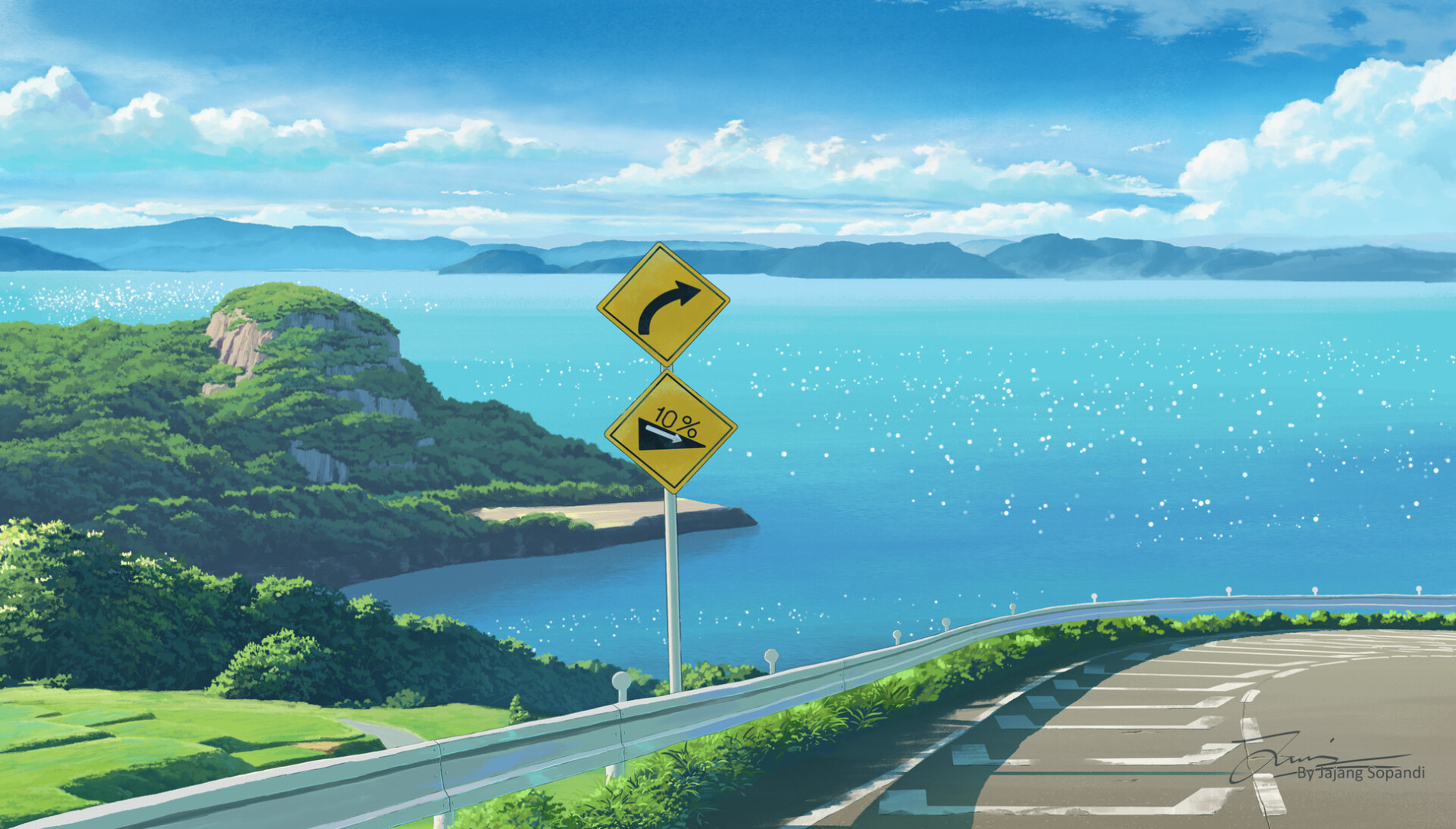 动画风格海岸盘山公路插画，黄绿护栏沿公路弯道延伸，立有黄色路牌，旁侧山林苍翠，前方是澄澈蓝海与远岸青山，上方是飘着白云的晴朗蓝天。