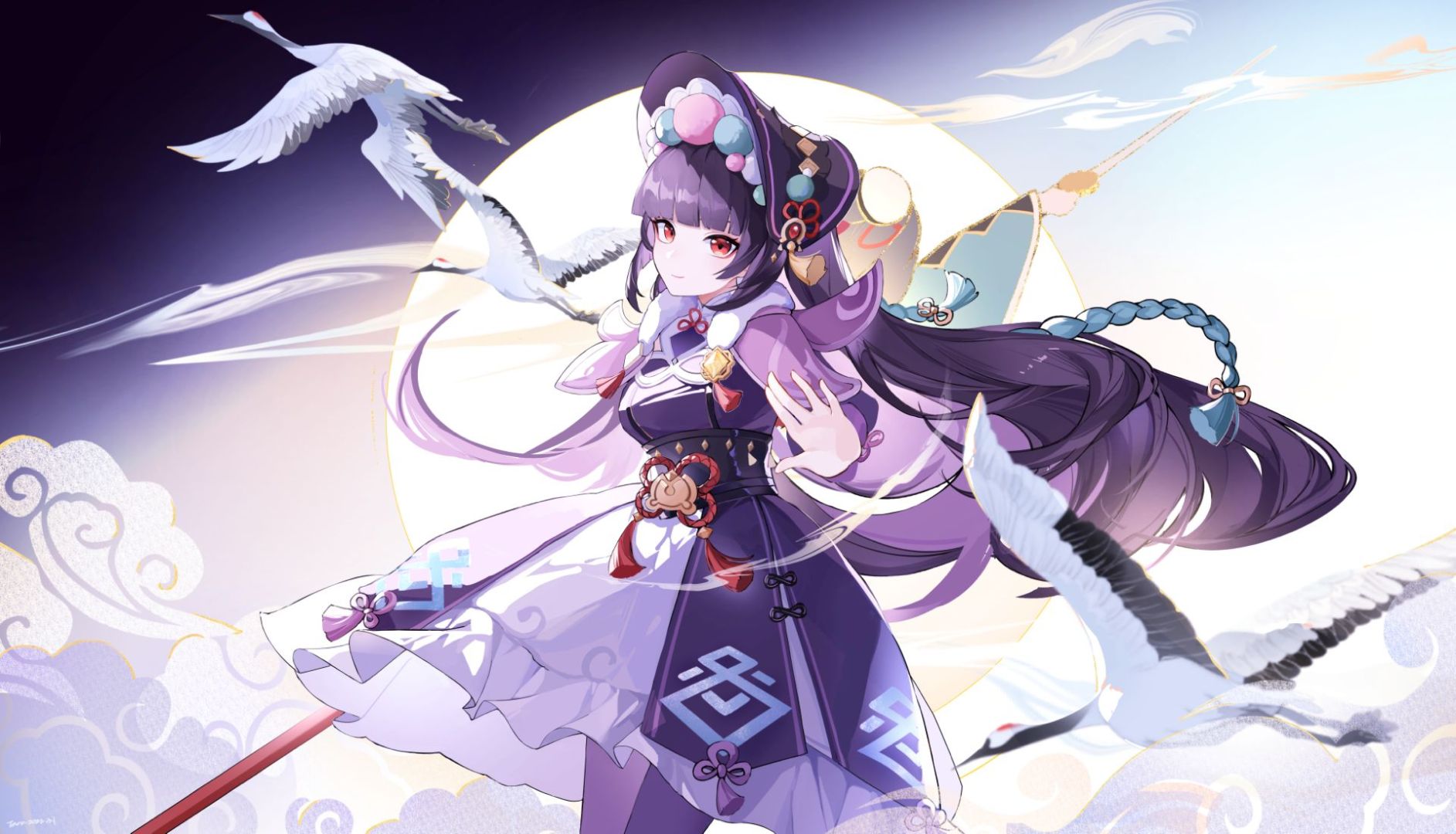 紫发紫眸的云堇身着紫白国风戏服立于画面，旁侧丹顶鹤展翅飞翔，背景衬有浅金色祥云与暖黄色满月。