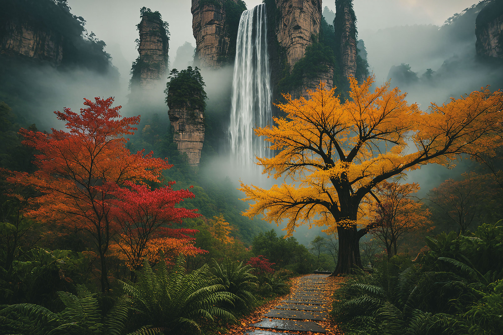 薄雾山谷中瀑布从奇峰垂落，石板小径铺满落叶，两侧彩叶树色彩浓烈。