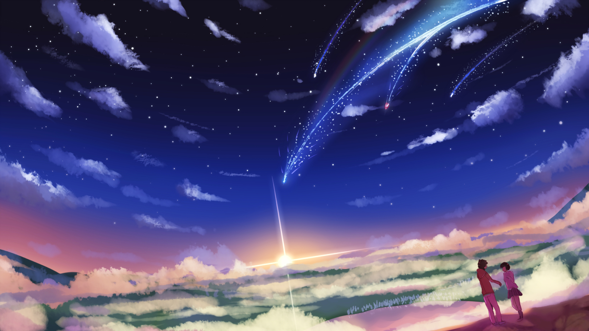 紫蓝色夜空布满流星与云朵，下方是粉橙色云海，右下角站着两位望向星空的人物。
