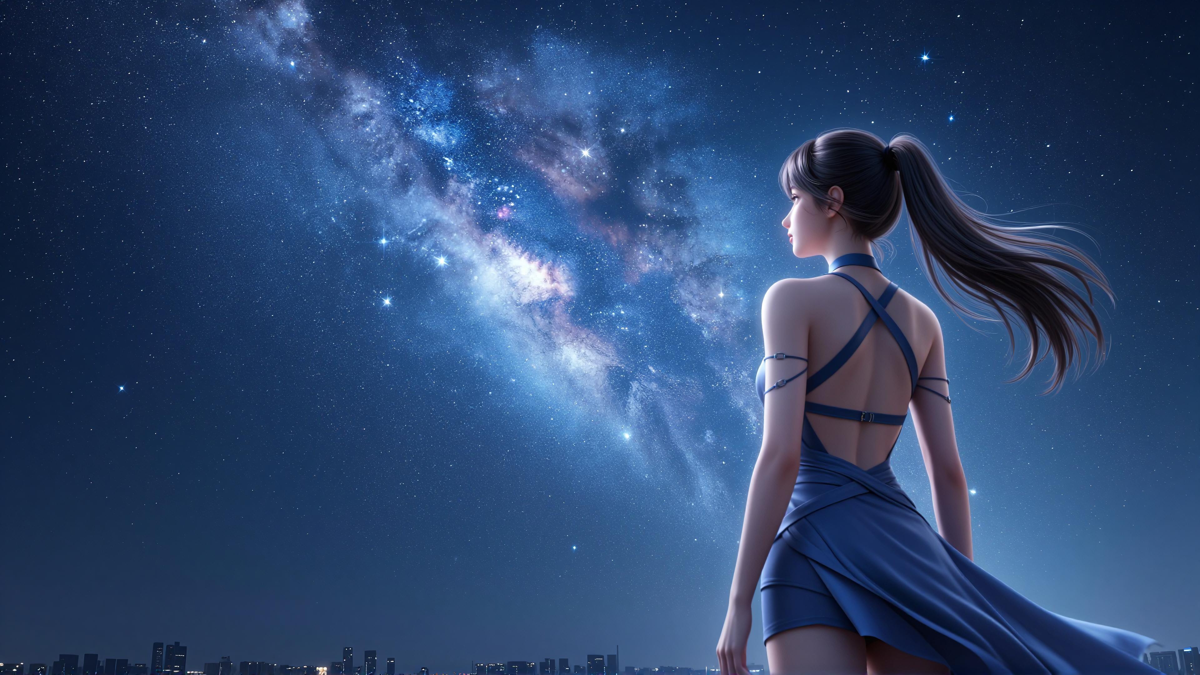 4k遥望星空的女孩