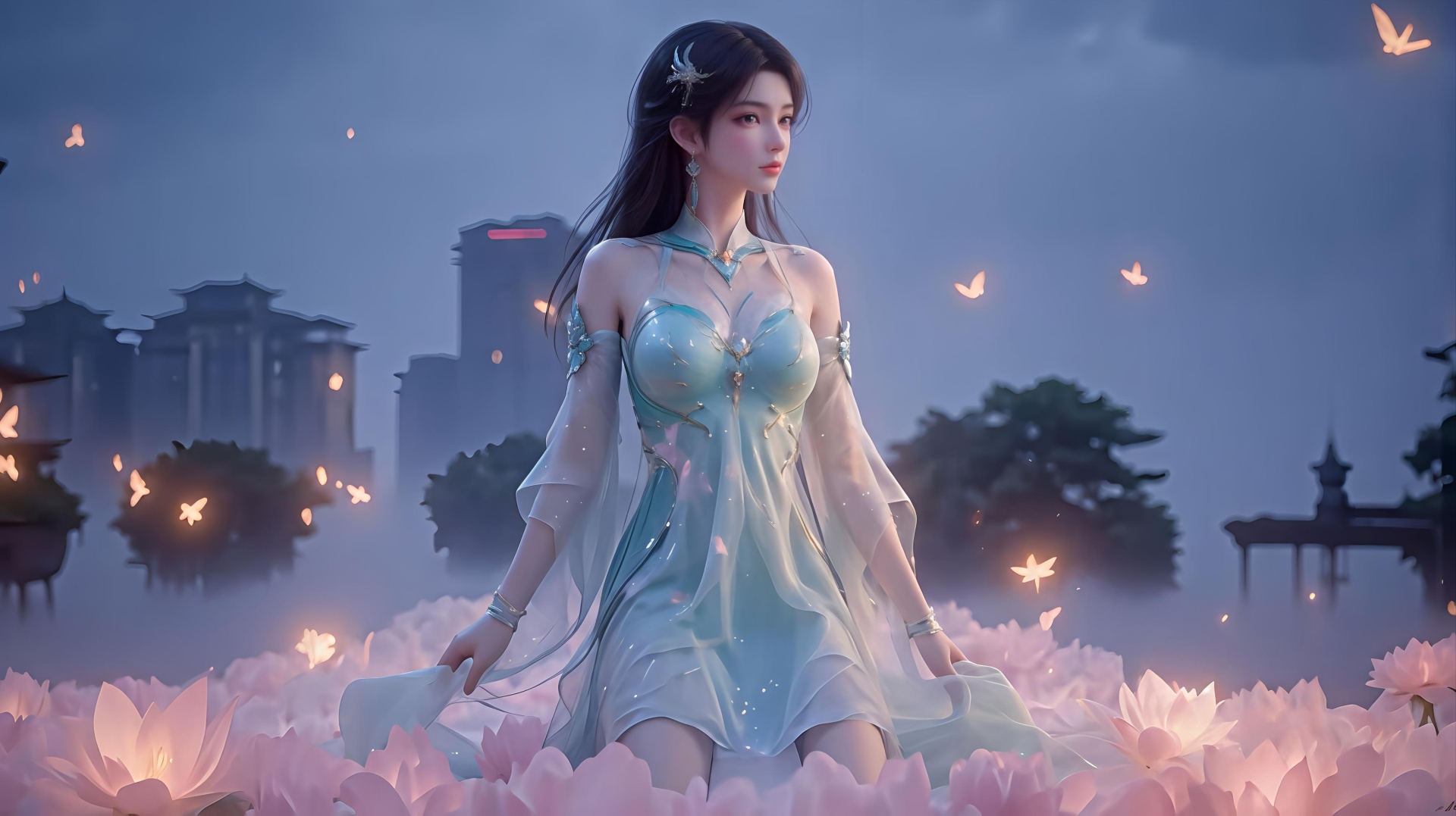 蓝调雾色花丛中，古装少女端坐，周身飘着发光蝴蝶