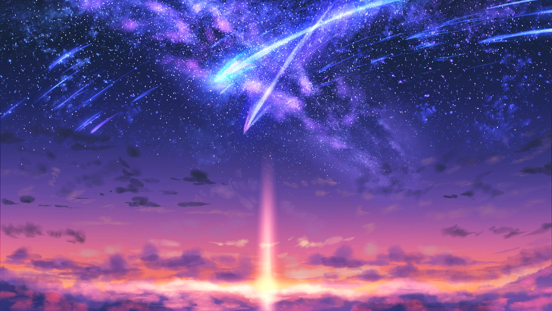 紫蓝星空布满繁星与流星，下方粉橙朝霞中透出向上的明亮光束。
