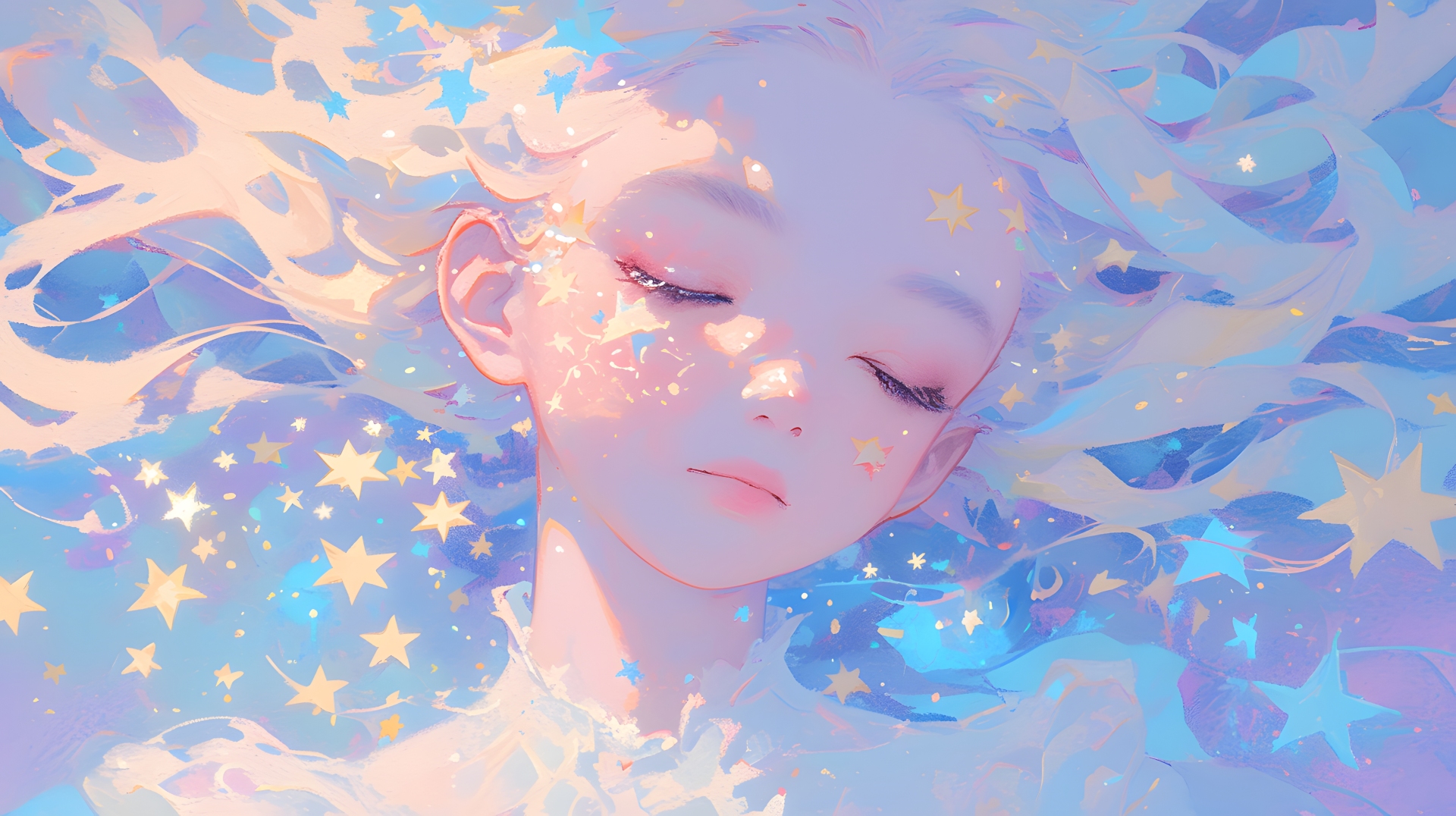 厚涂插画风格闭眸少女面部特写，黄蓝星形装饰散布在发丝与皮肤周围，暖光斑点缀在浅肤色上，整体为低饱和马卡龙色调。