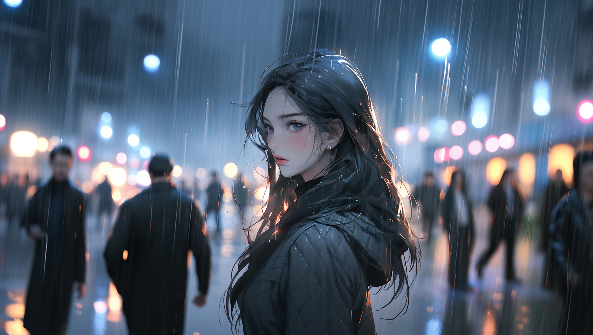 雨夜城市街道上回望的长发女生，背景虚化行人与散景灯光