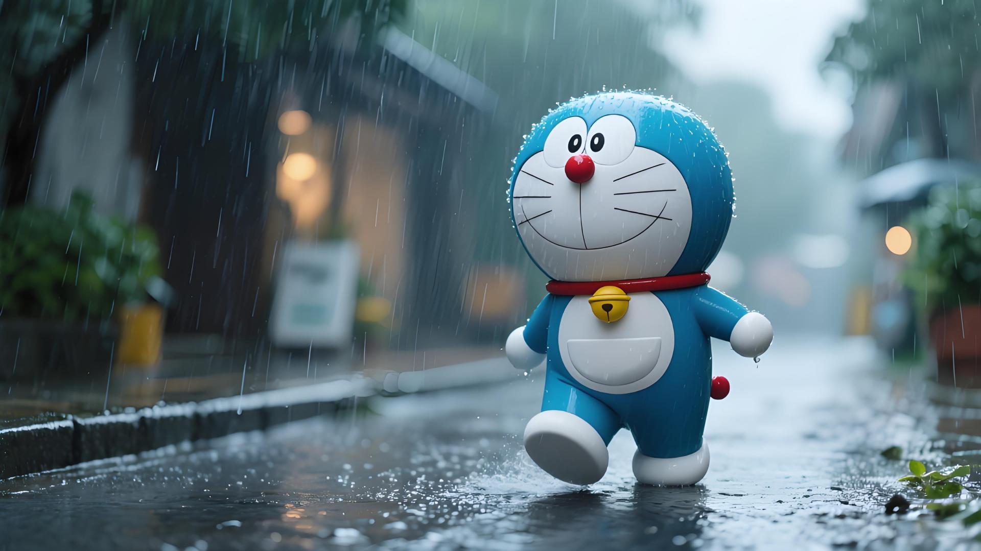3D造型的哆啦A梦迈步走在积水的雨天老街路面上，周围飘着细密雨丝，背景是虚化的暖黄灯光民居街道。
