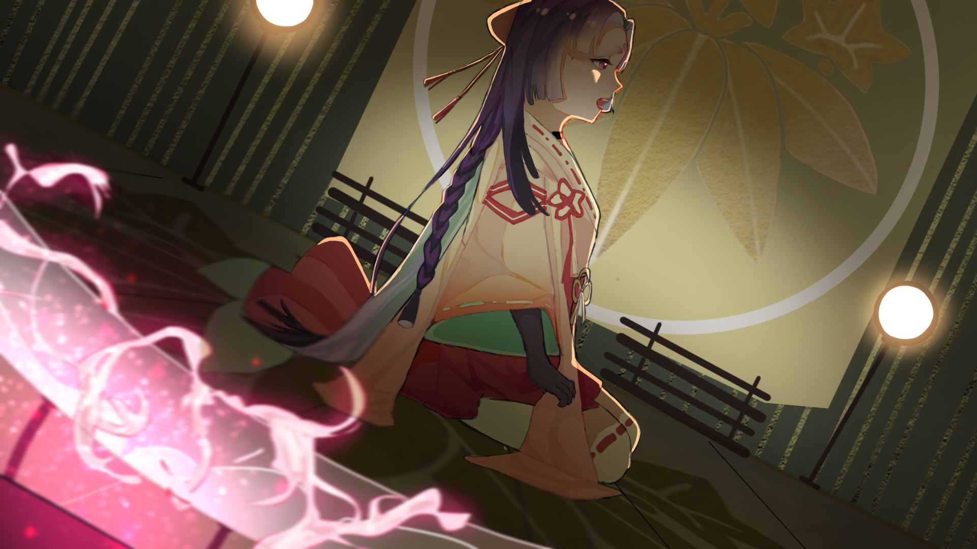 侧身跪坐的编发和服少女，左侧有粉紫色发光光效，暖光铺满日式室内空间。
