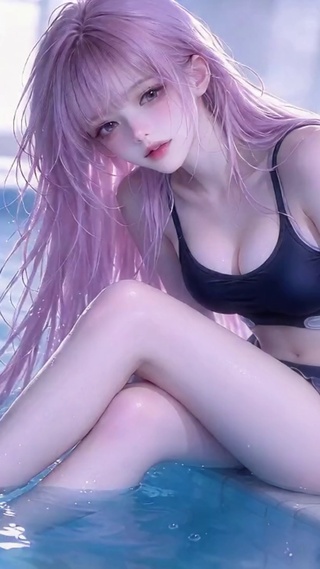 泳池悠闲玩水少女