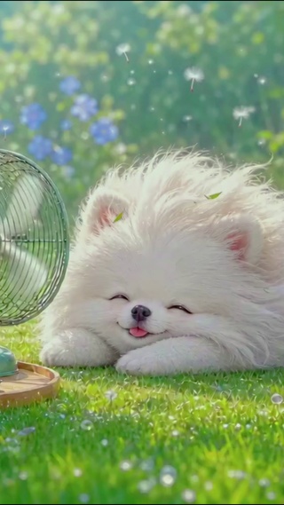 吹风扇的可爱小狗