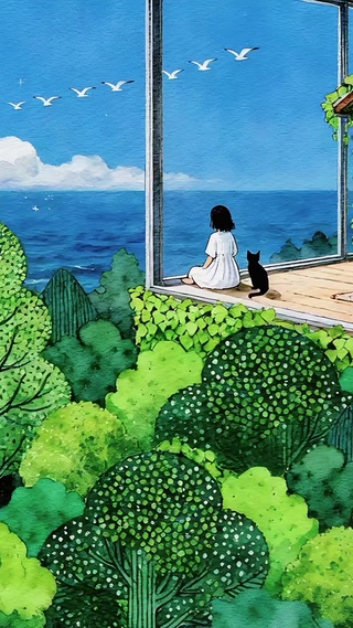 空中绿植房观海的少女