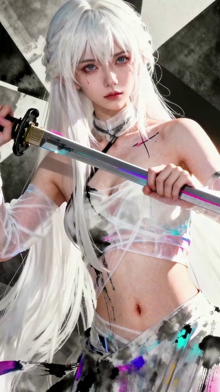 白发性感纯欲小蛮腰长剑水墨少女