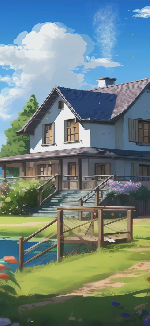 蓝天白云花草树木房屋