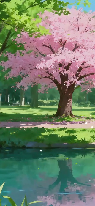 护眼湖边樱花树林