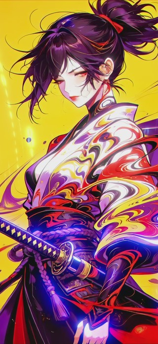 彩墨暈染の賽博女武士