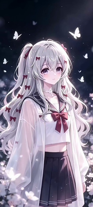 樱花落夜，水手服少女与蝶