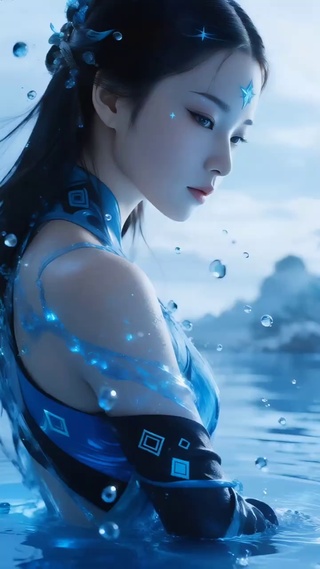 蓝色水中少女