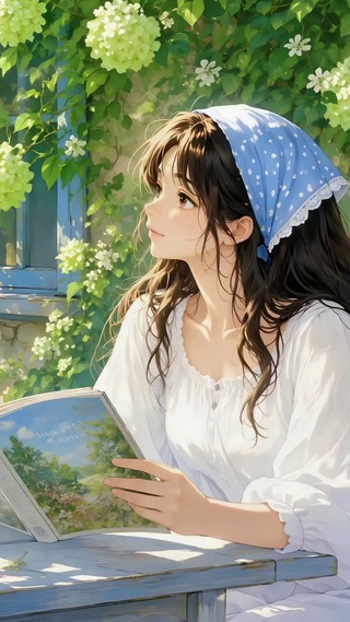 花窗暖阳下阅读的少女