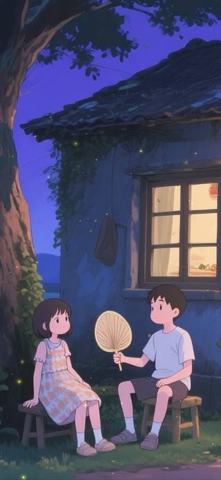 夏夜屋前纳凉赏月