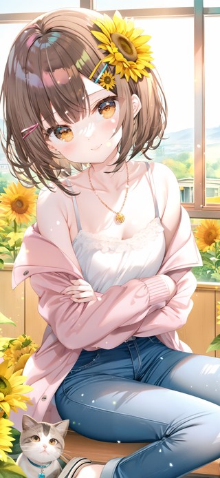 窗边清纯向日葵少女