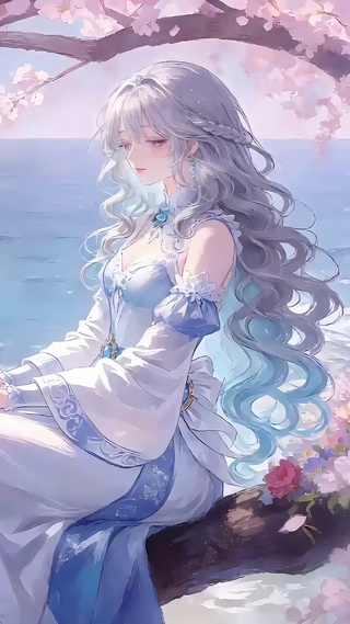海边樱树下困倦的少女