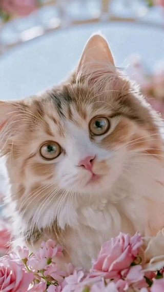玫瑰丛中的可爱萌猫