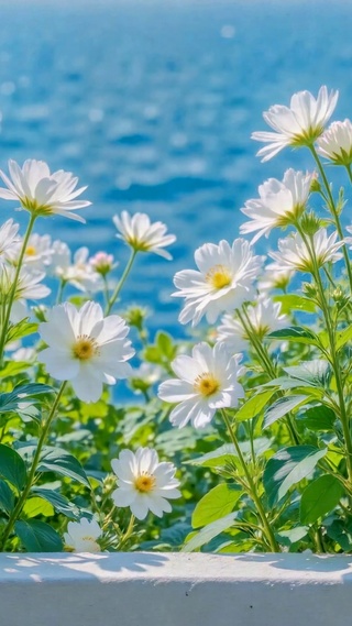 窗边蓝海白雏菊清新风景