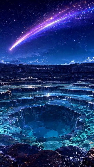 梦幻星空蓝池流星月夜美景