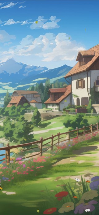 蓝天白云河流树木景色