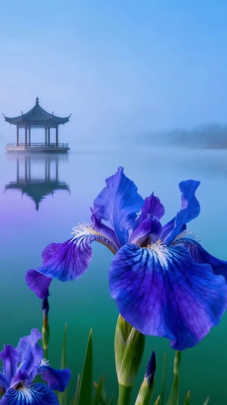 雾锁湖山鸢尾花古风亭美景
