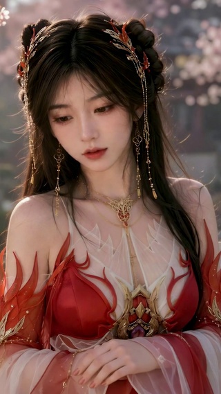 古风红裙美女樱花庭院