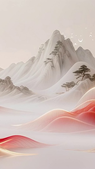 红色国风水墨山水