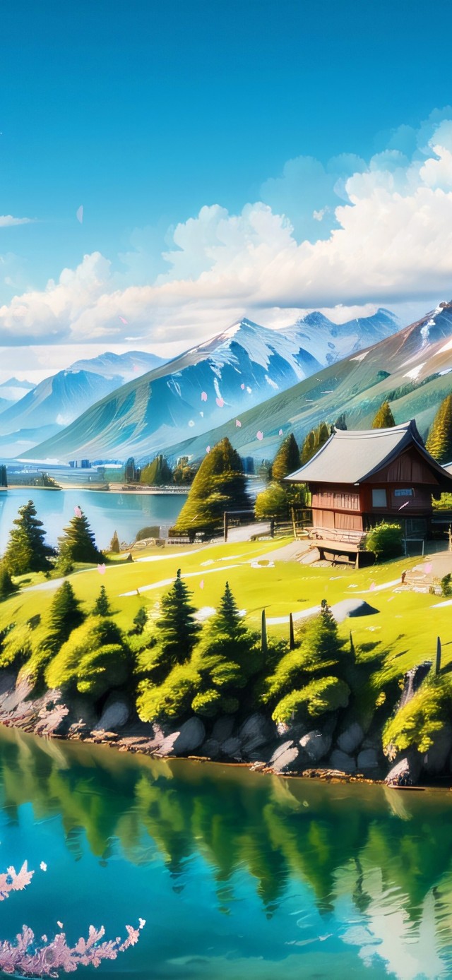 4k雪山樱花小岛