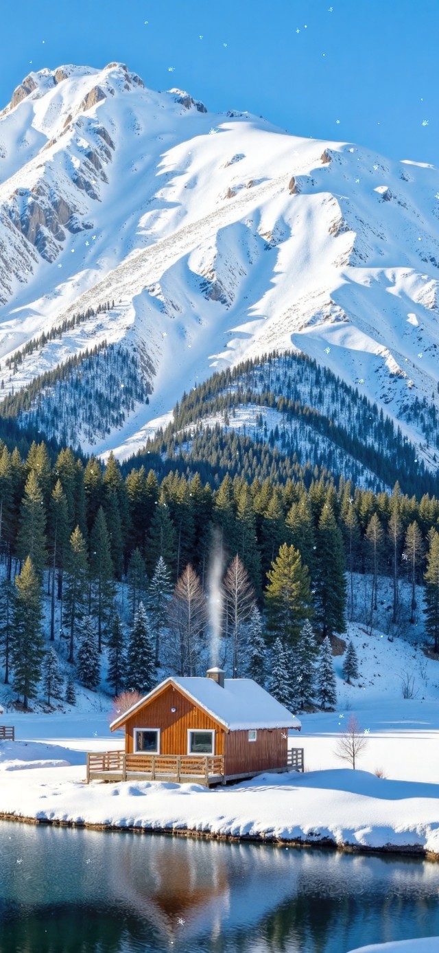 自然之美~雪山下的小木屋