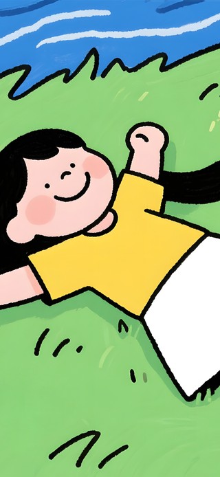 极简手绘童画风 草地小女孩