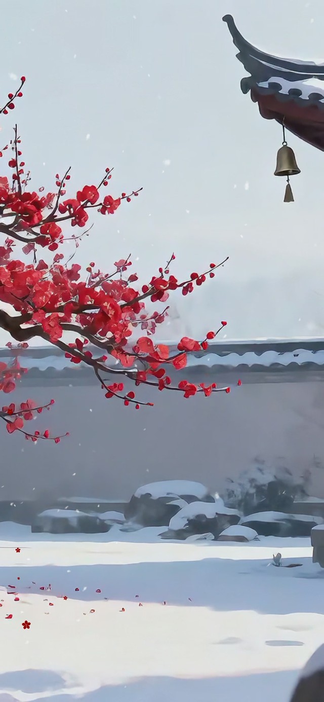 冬日下雪梅花庭院