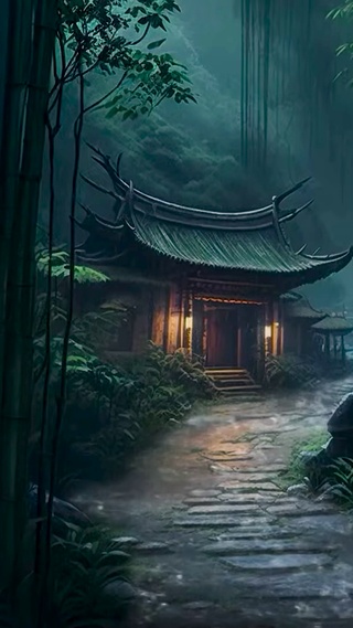 古风治愈雨天竹林小屋