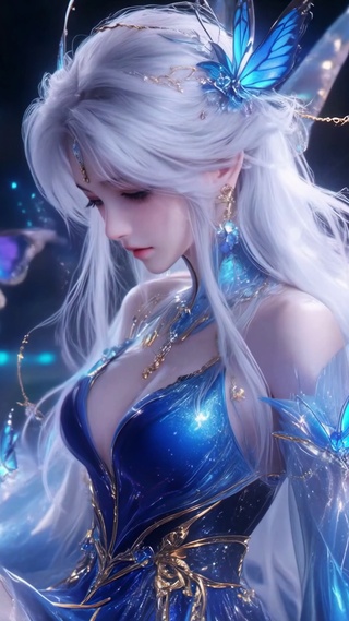 幽蓝蝴蝶白发精灵少女