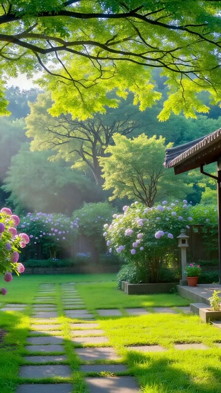 清晨阳光庭院风景