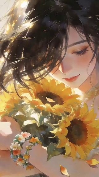 抱着菊花女孩