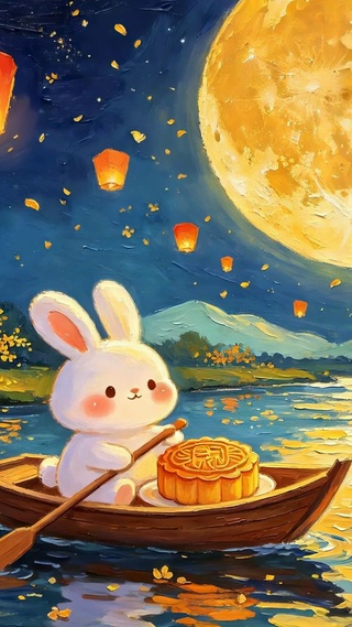 中秋月夜萌兔泛舟赏月