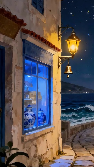 夜景海景房屋树木