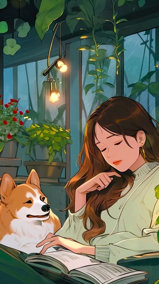 雨天看书的女孩