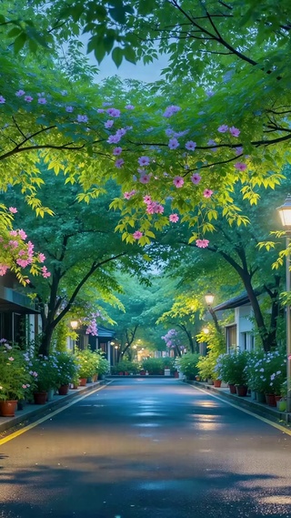 静谧花香雨后街道