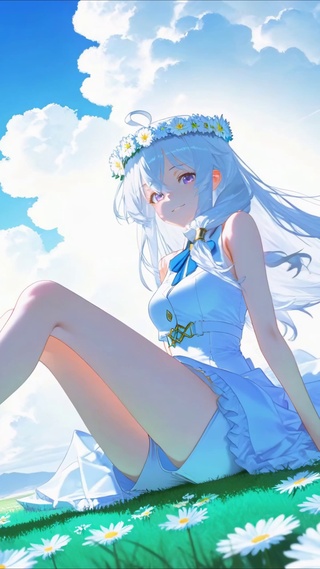 晴空草地雏菊银发美少女
