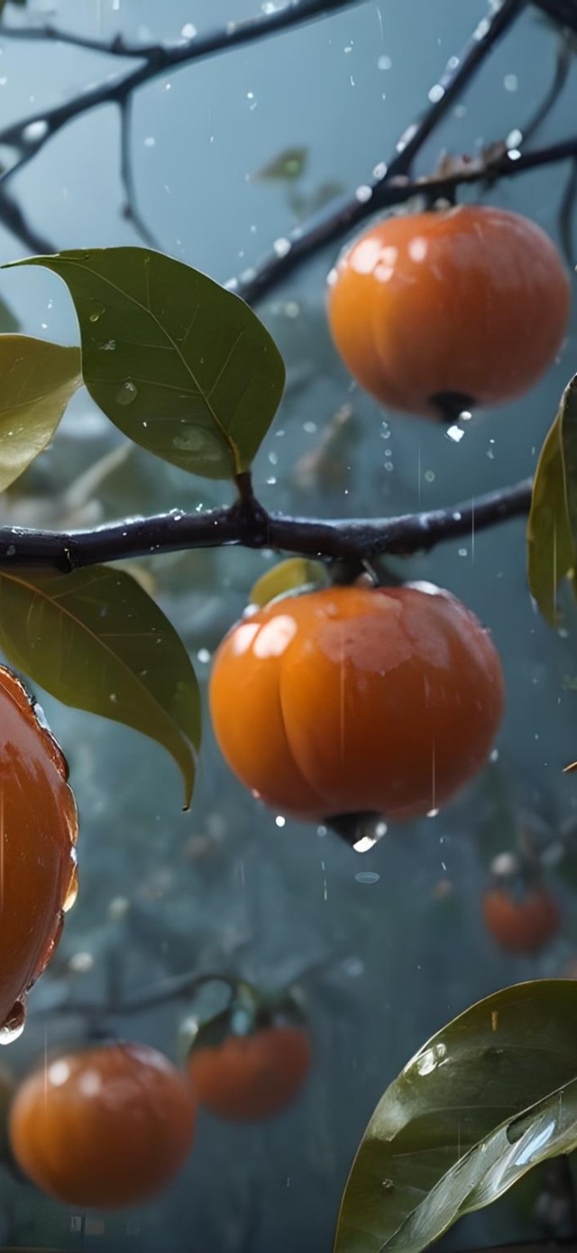 雨中柿子树