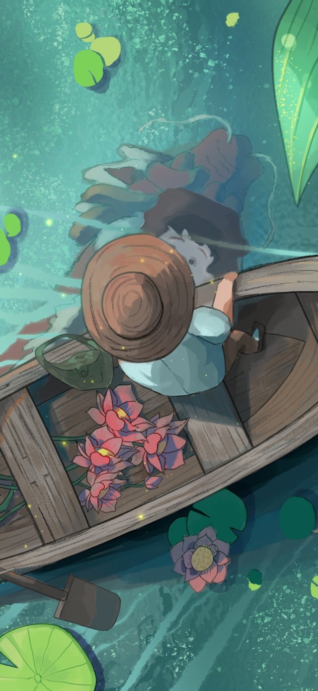 4K唯美古风荷塘小船