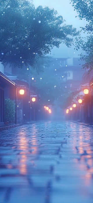 朦胧雨夜下的古镇街道